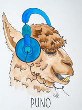 Load image into Gallery viewer, watercolor alpaca alpaca listening to music alpaca headphones alpaca art
